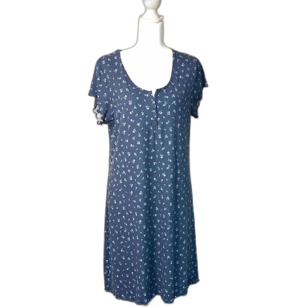 Laura Ashley XL Slate Blue Floral Ribbed Knit Midi Dress Short Sleeve Cottage